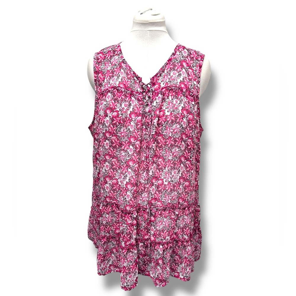 Faded Glory Women’s Sleeveless Blouse Casual Pink Floral Bohemian Ruffle XXL - Picture 2 of 10